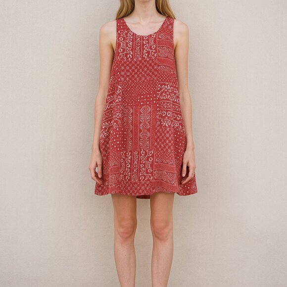 Rachel Zoe Red Boho Paisley Tank Top L 100% Linen Summer Festival Minimalist - Picture 1 of 6
